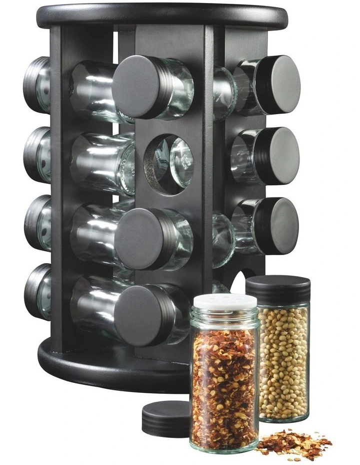 16 Piece Spice Jar Set With Rotating Carousel Rack In Black - Image 2